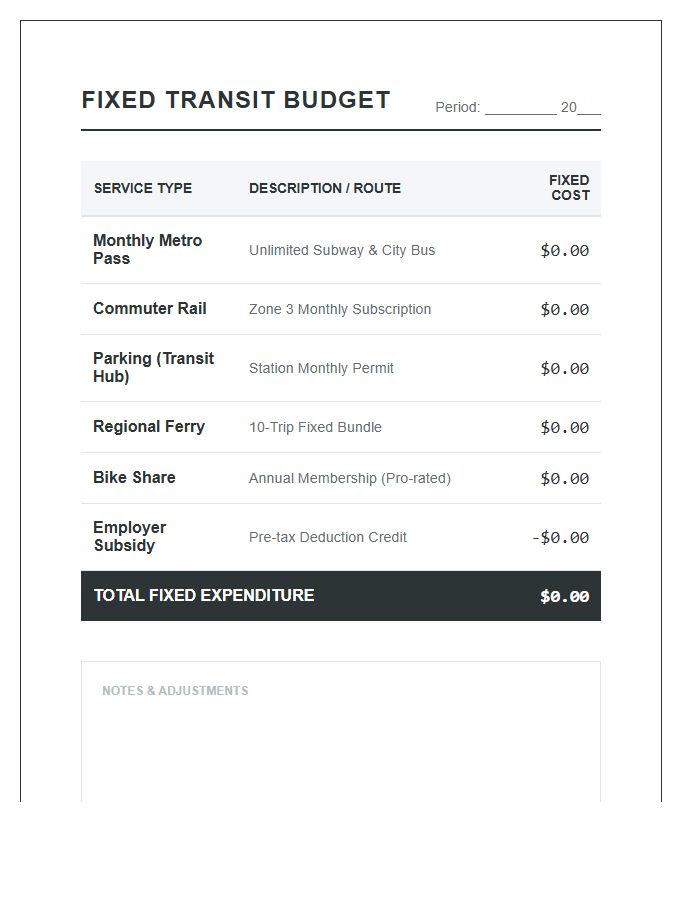 Fixed Public Transportation Cost Printable Budget Chart