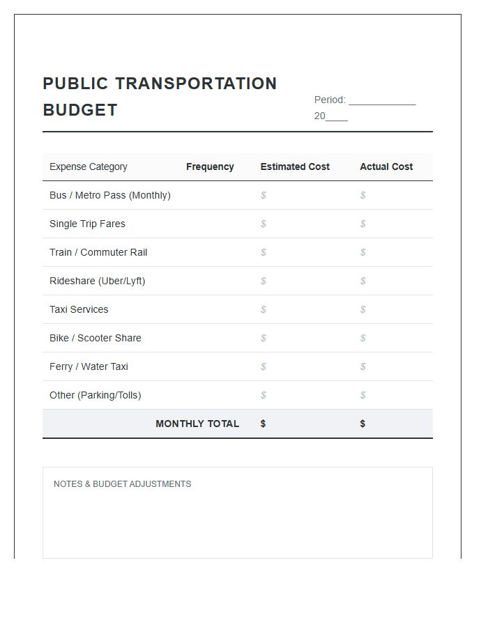 Household Public Transportation Cost Printable Budget Chart