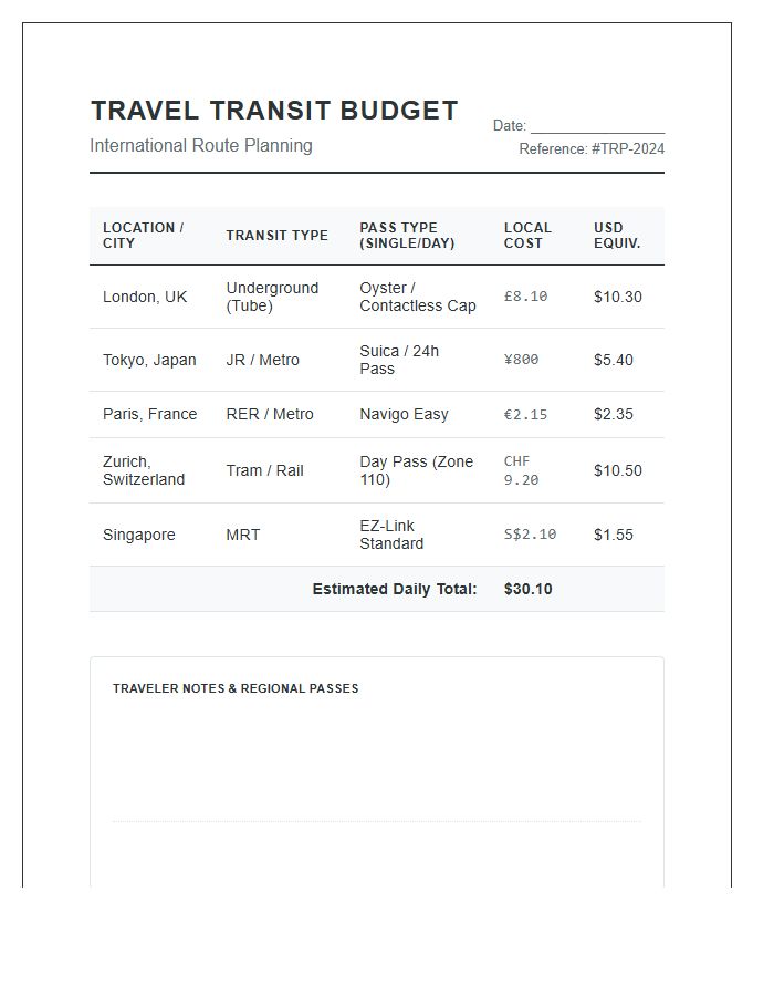 International Public Transportation Cost Printable Budget Chart