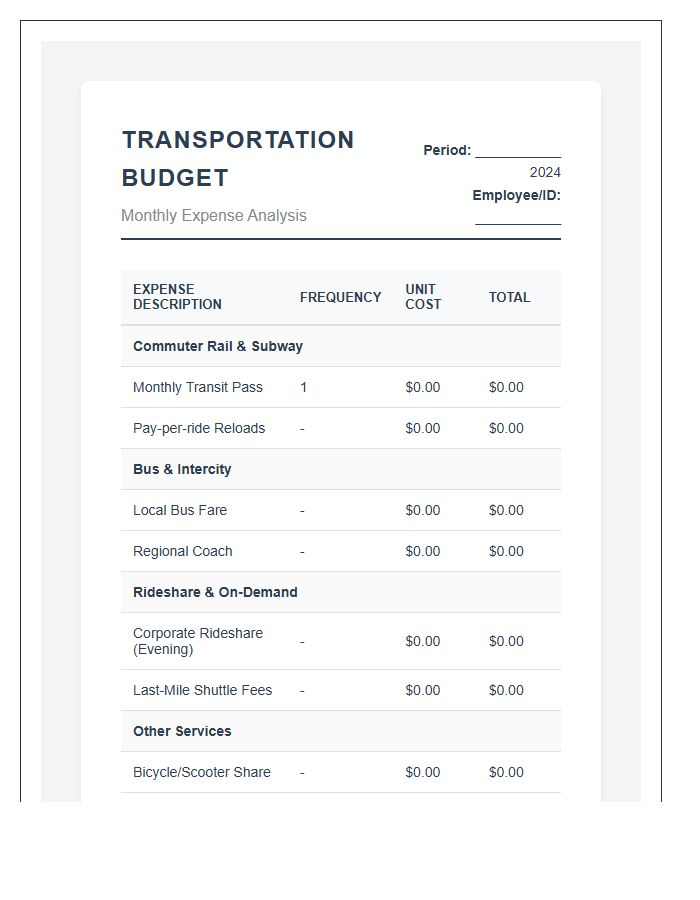 Professional Public Transportation Cost Printable Budget Chart