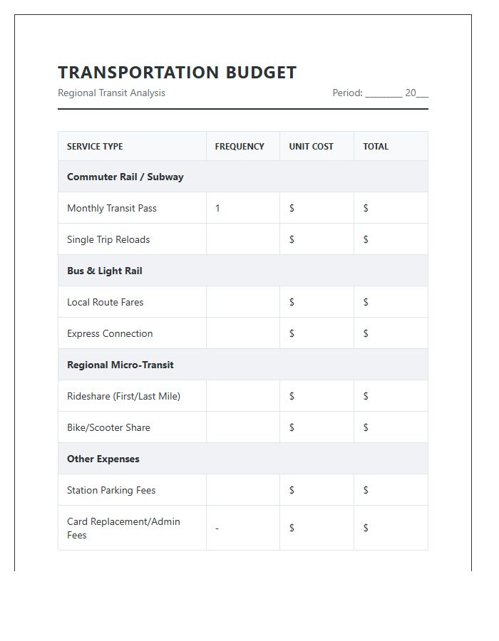 Regional Public Transportation Cost Printable Budget Chart