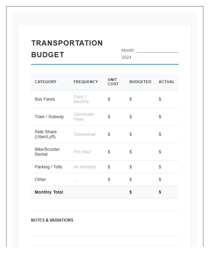 Simple Public Transportation Cost Printable Budget Chart
