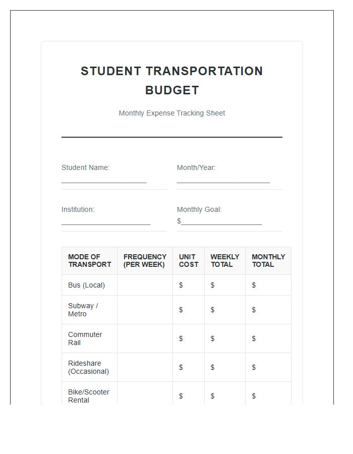 Student Public Transportation Cost Printable Budget Chart