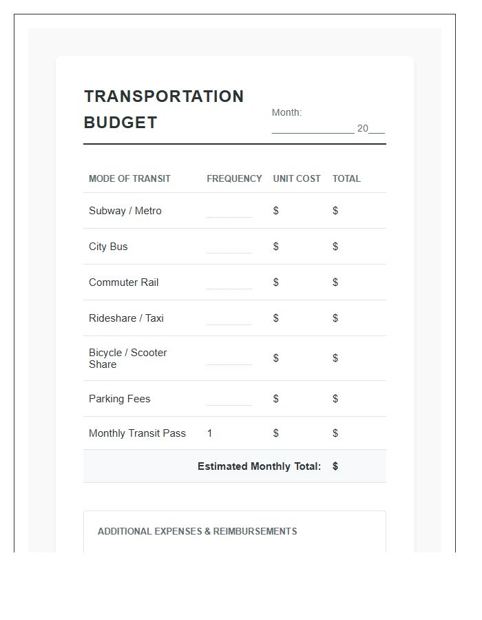 Urban Public Transportation Cost Printable Budget Chart