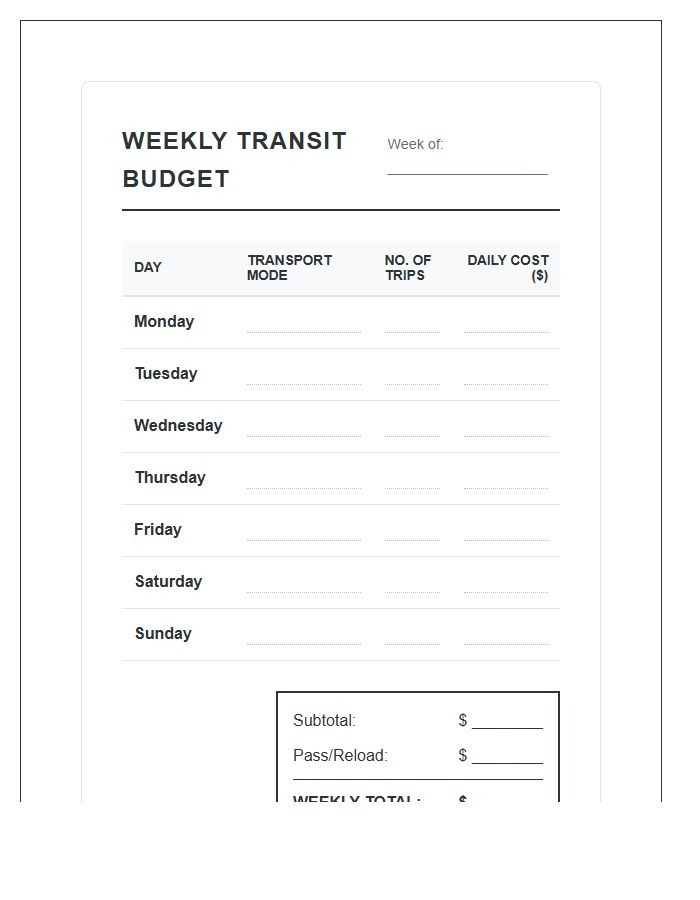 Weekly Public Transportation Cost Printable Budget Chart