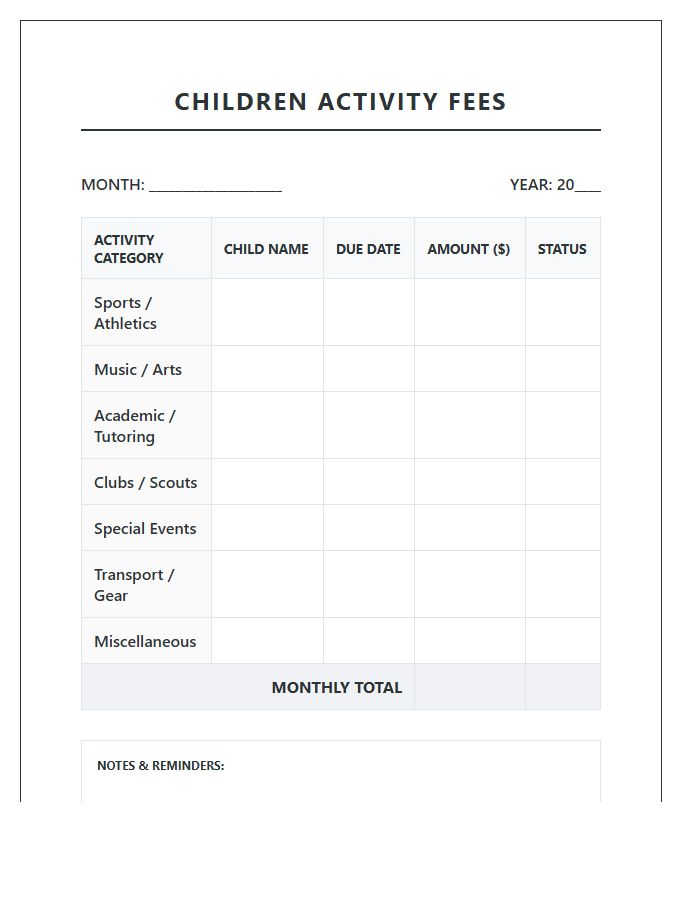 Children Activity Fees Monthly Printable Chart