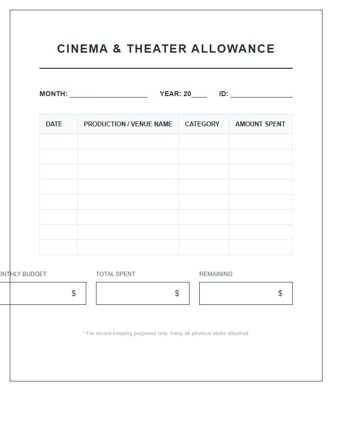 Cinema And Theater Monthly Allowance Printable Chart