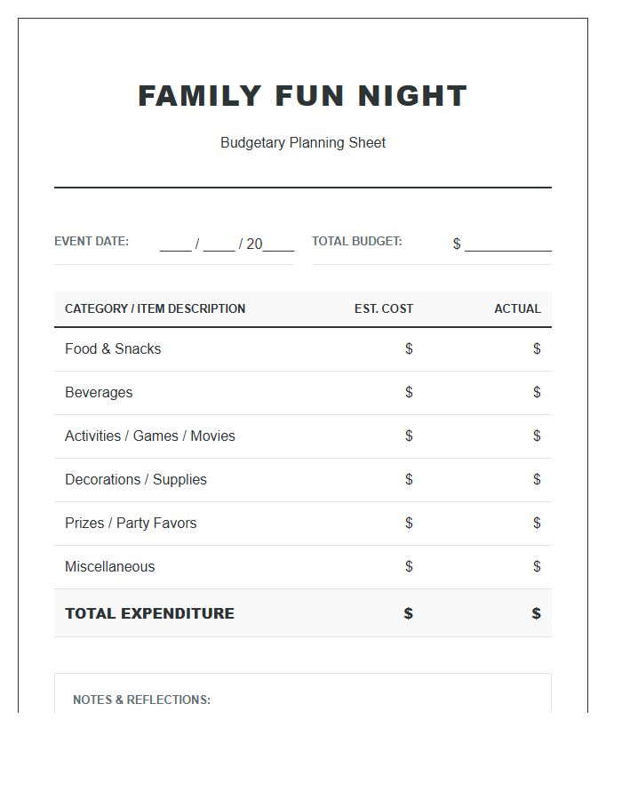Family Fun Night Budgetary Printable Chart