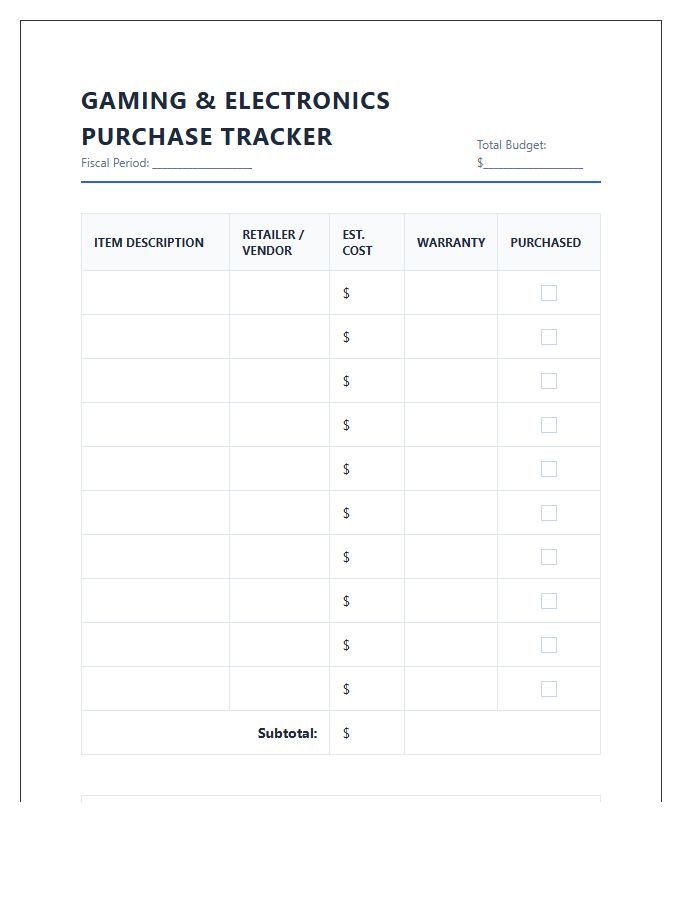 Gaming And Electronics Purchase Printable Chart