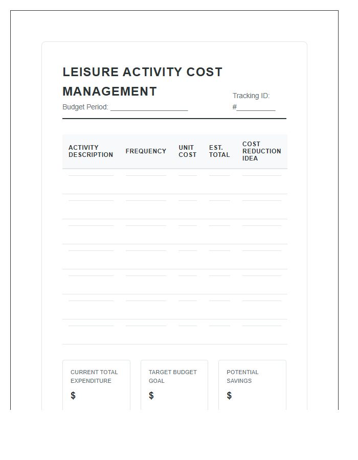 Leisure Activity Cost Management Printable Chart