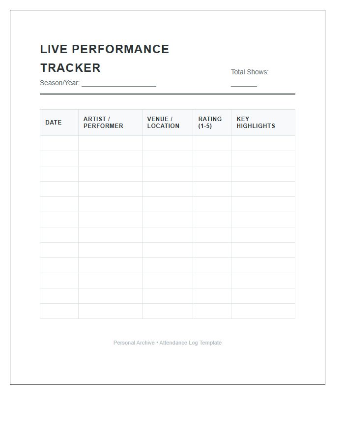 Live Performance Attendance Tracking Printable Chart