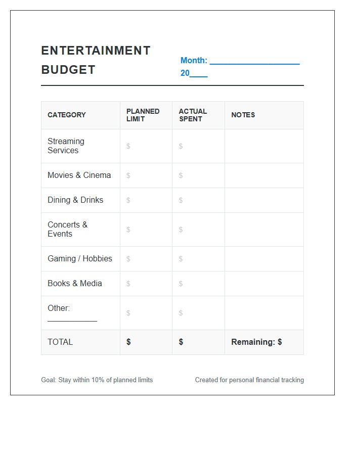 Monthly Entertainment Spending Limits Printable Chart