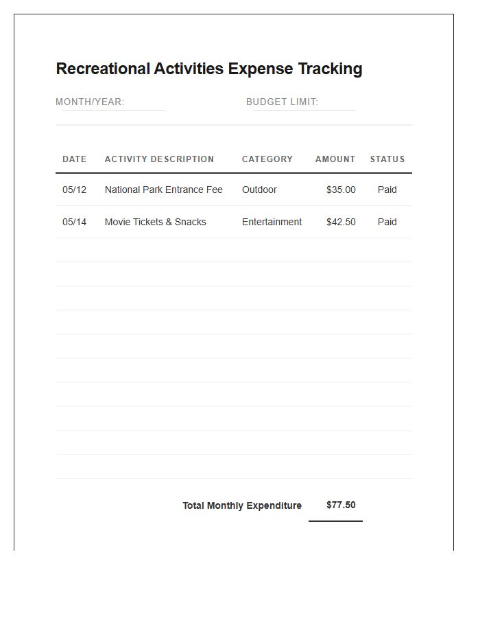 Recreational Activities Expense Tracking Printable Chart
