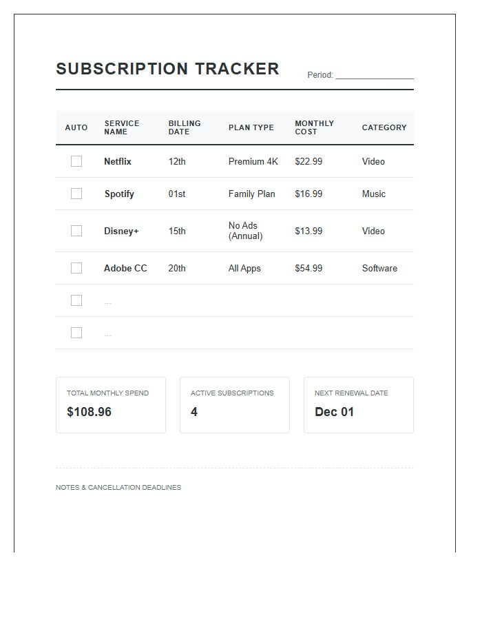 Streaming Service Subscription Tracking Printable Chart