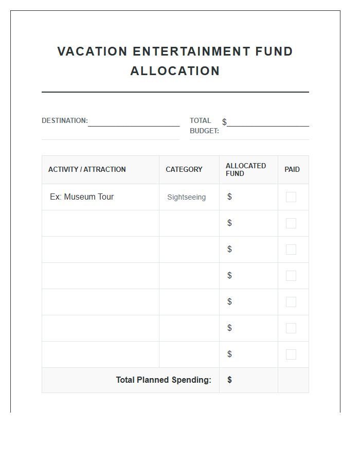 Vacation Entertainment Fund Allocation Printable Chart