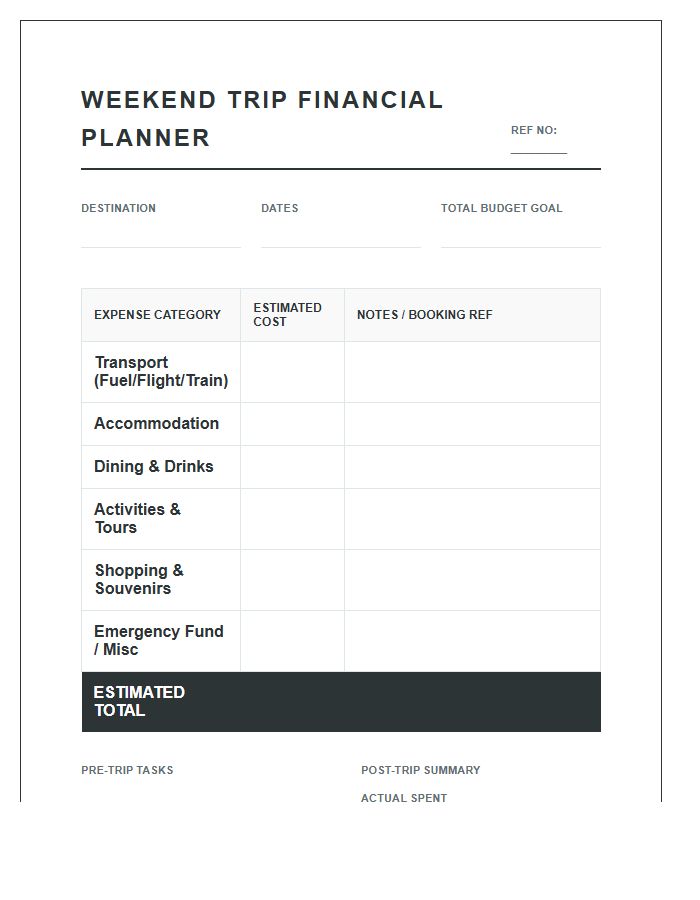 Weekend Trip Financial Planning Printable Chart