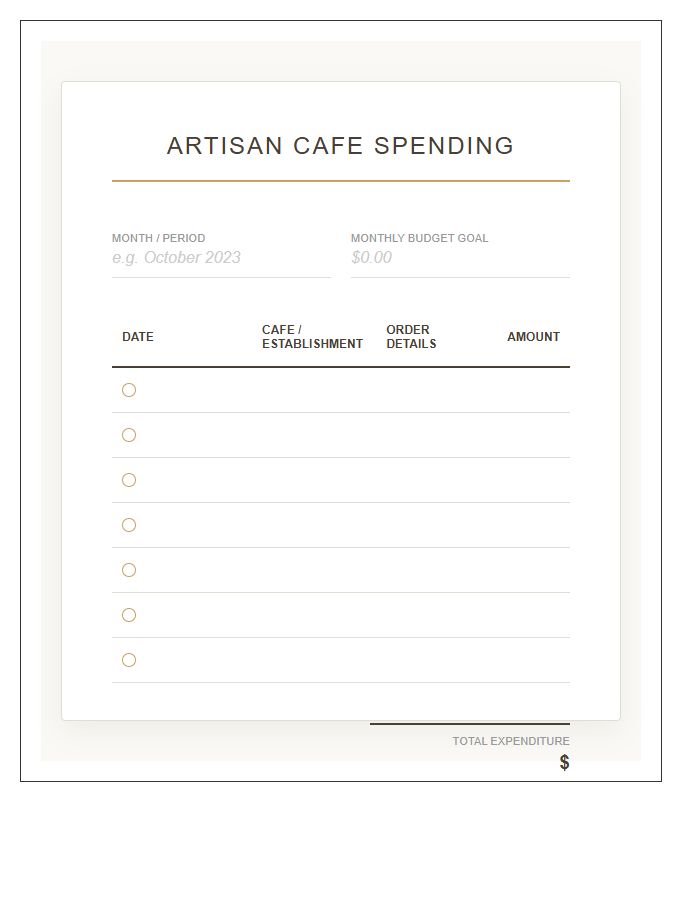 Artisan Cafe Spending Printable Budget Chart