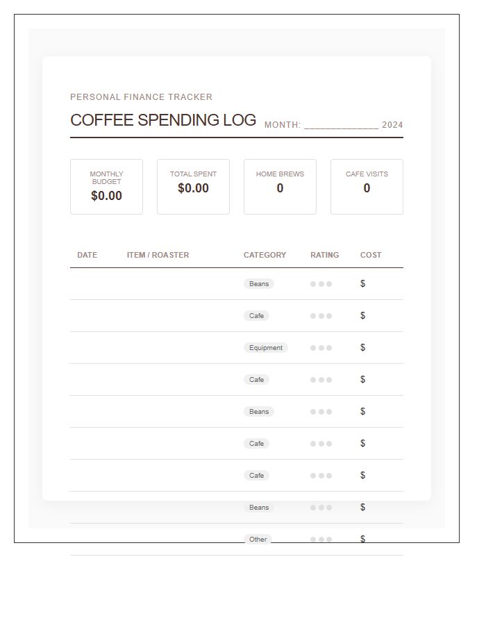 Detailed Coffee Spending Printable Budget Chart