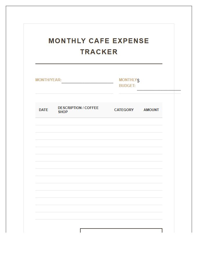 Monthly Cafe Expense Printable Budget Chart