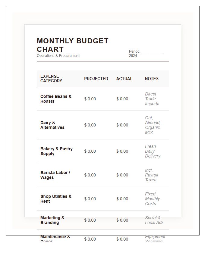 Premium Coffee Shop Printable Budget Chart