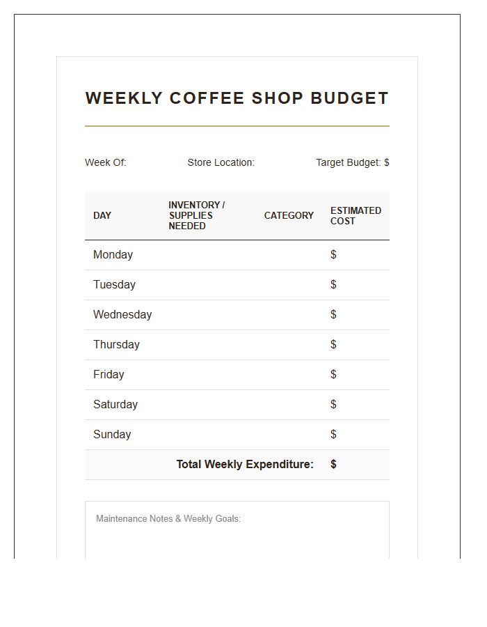 Weekly Coffee Shop Printable Budget Chart