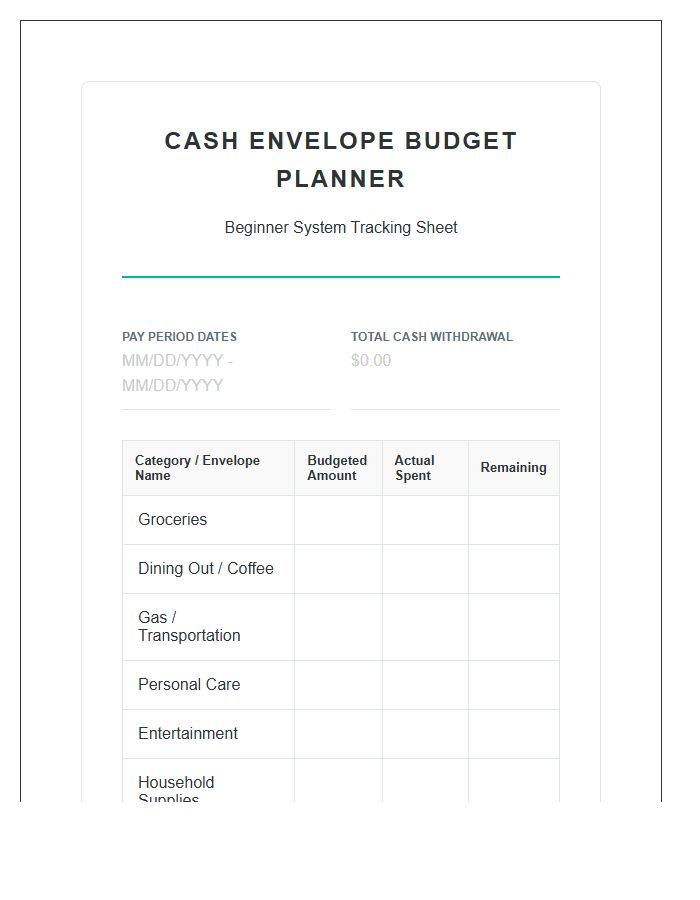 Beginner Cash Envelope System Printable Budget Chart