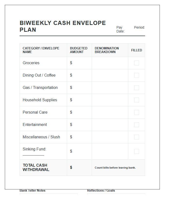 Biweekly Cash Envelope System Printable Budget Chart