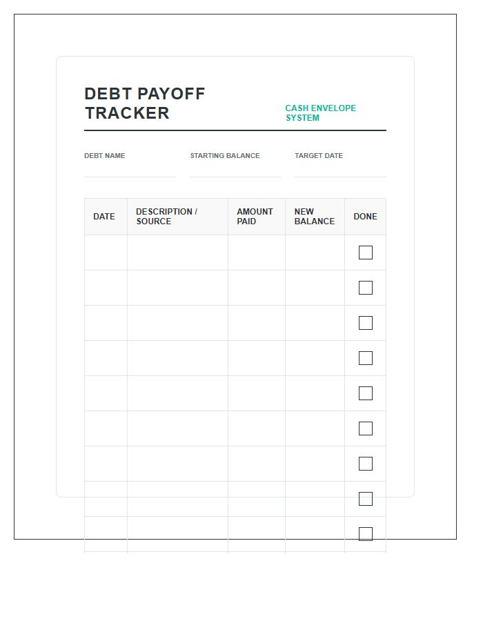 Debt Payoff Cash Envelope System Printable Budget Chart
