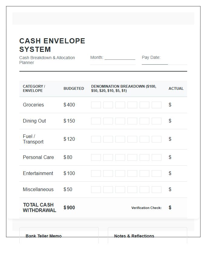 Detailed Cash Envelope System Printable Budget Chart