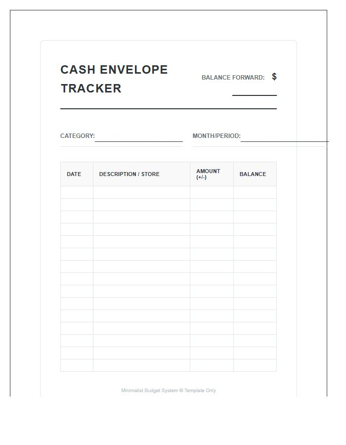 Expense Tracking Cash Envelope System Printable Budget Chart