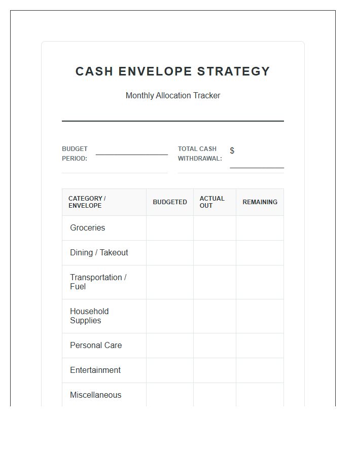 Household Cash Envelope System Printable Budget Chart