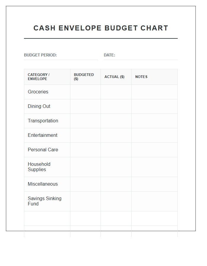 Laminated Cash Envelope System Printable Budget Chart