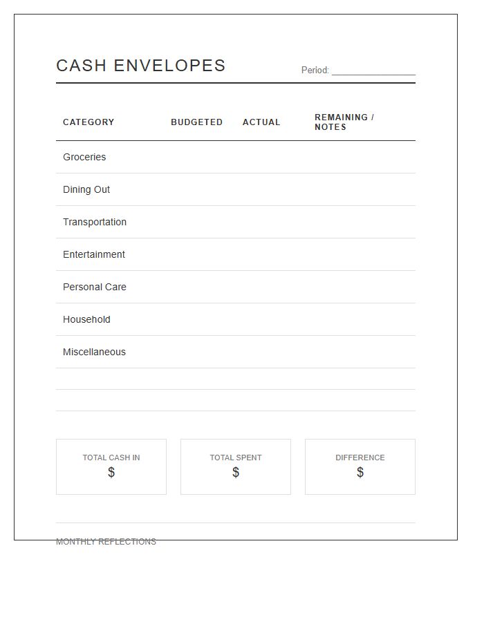 Minimalist Cash Envelope System Printable Budget Chart