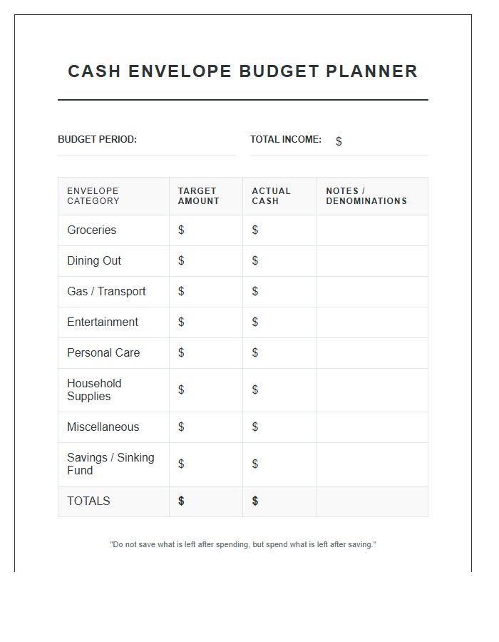 Personal Finance Cash Envelope System Printable Budget Chart
