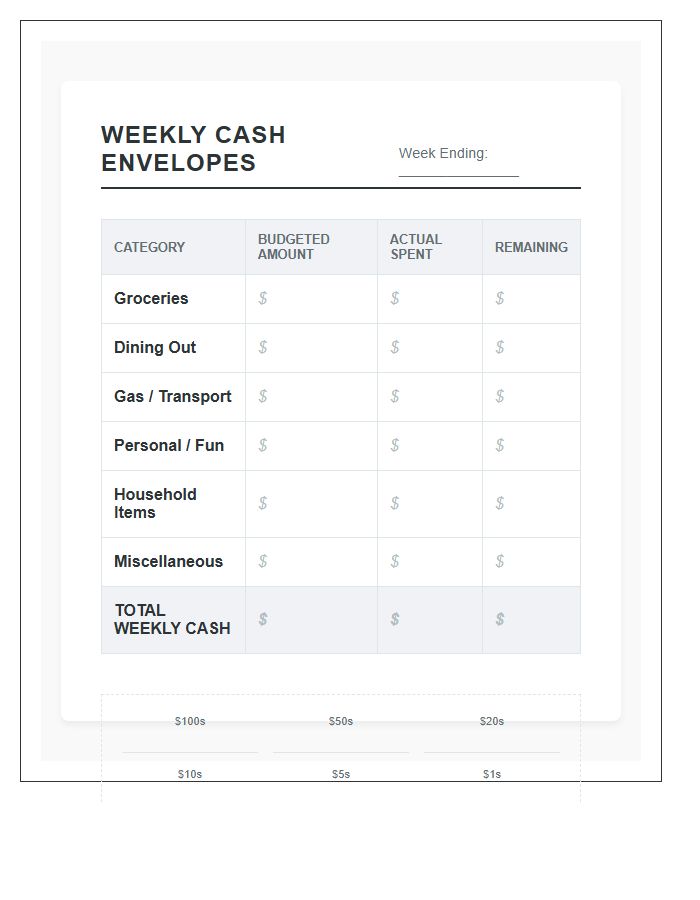 Weekly Cash Envelope System Printable Budget Chart