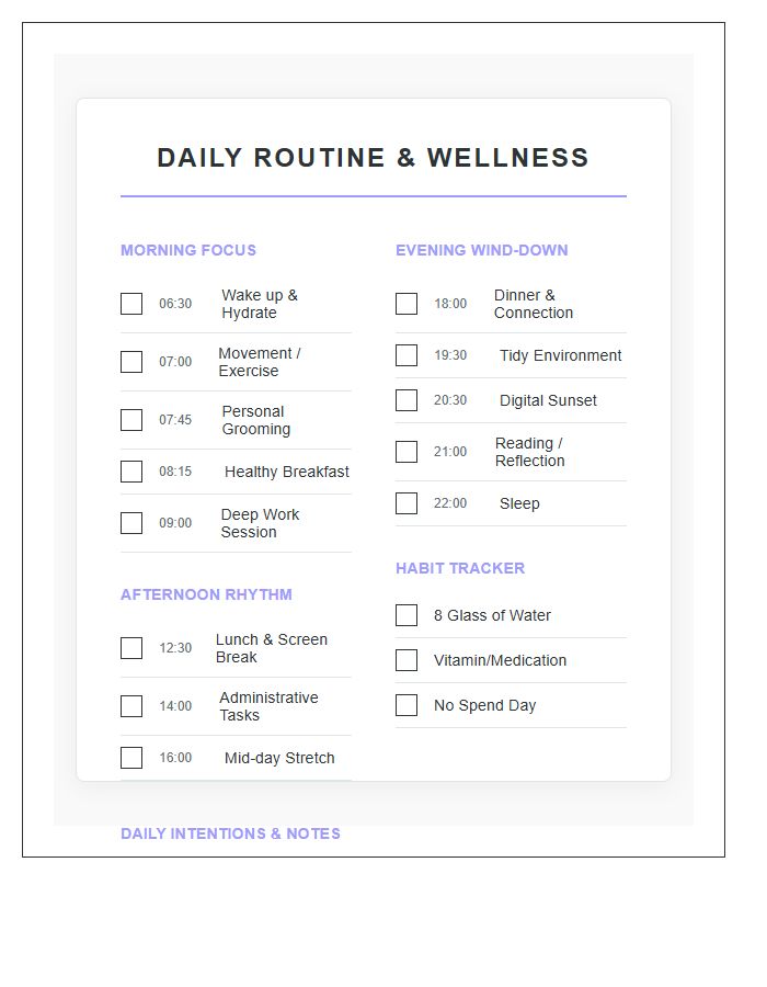 Adult Daily Routine Printable Chart