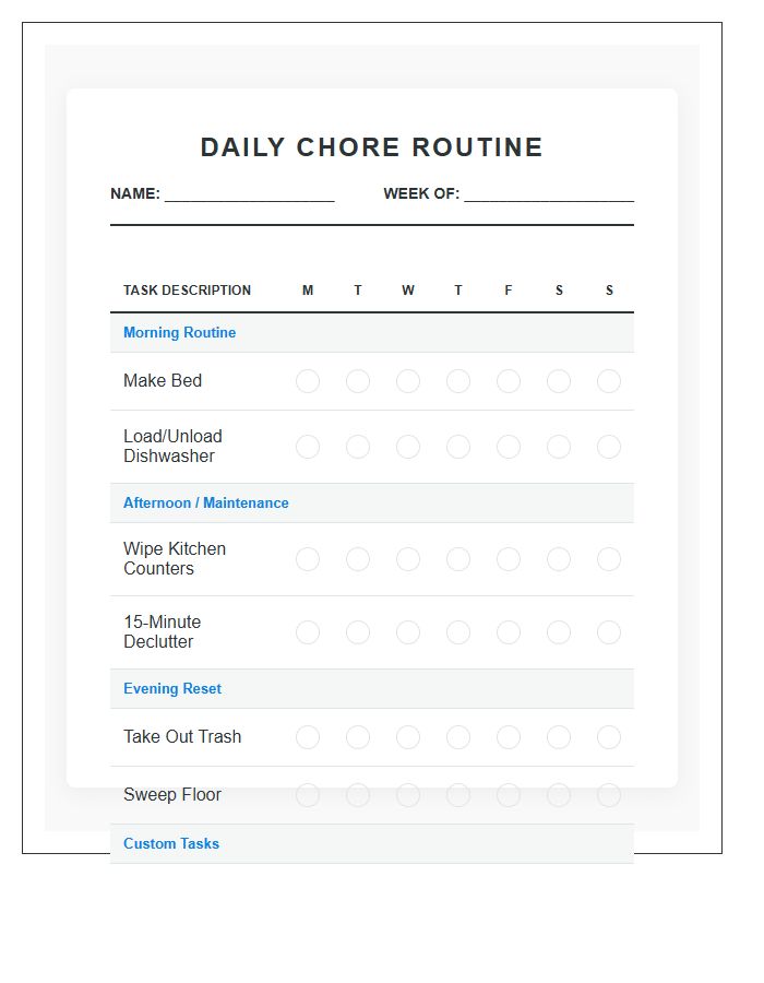 Daily Chore Routine Printable Chart