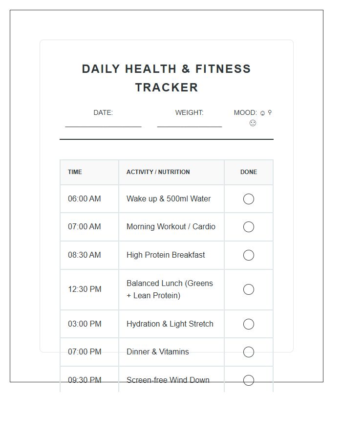 Fitness and Health Daily Routine Printable Chart