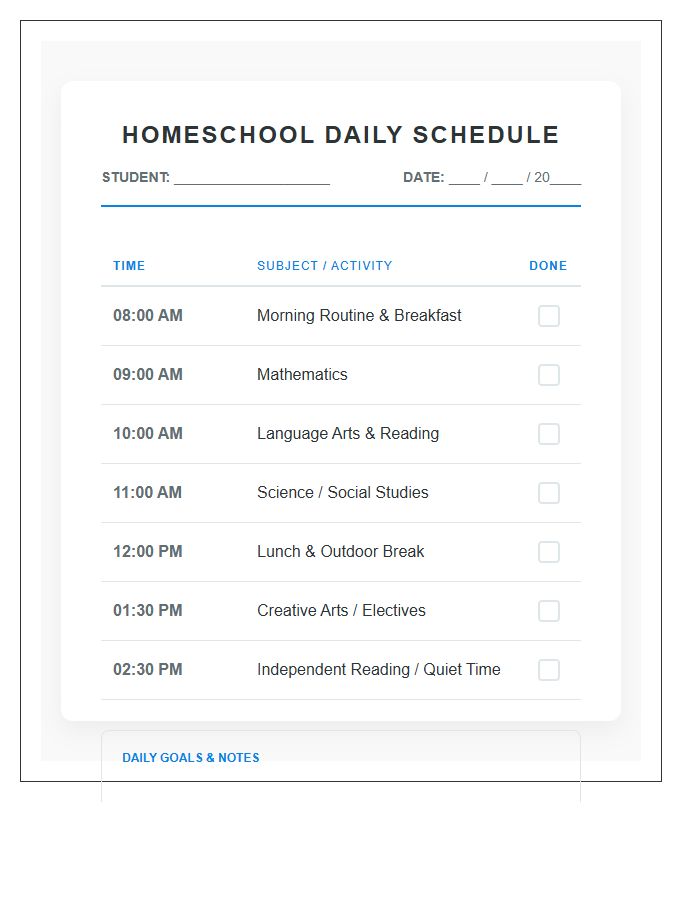 Homeschool Daily Schedule Printable Chart