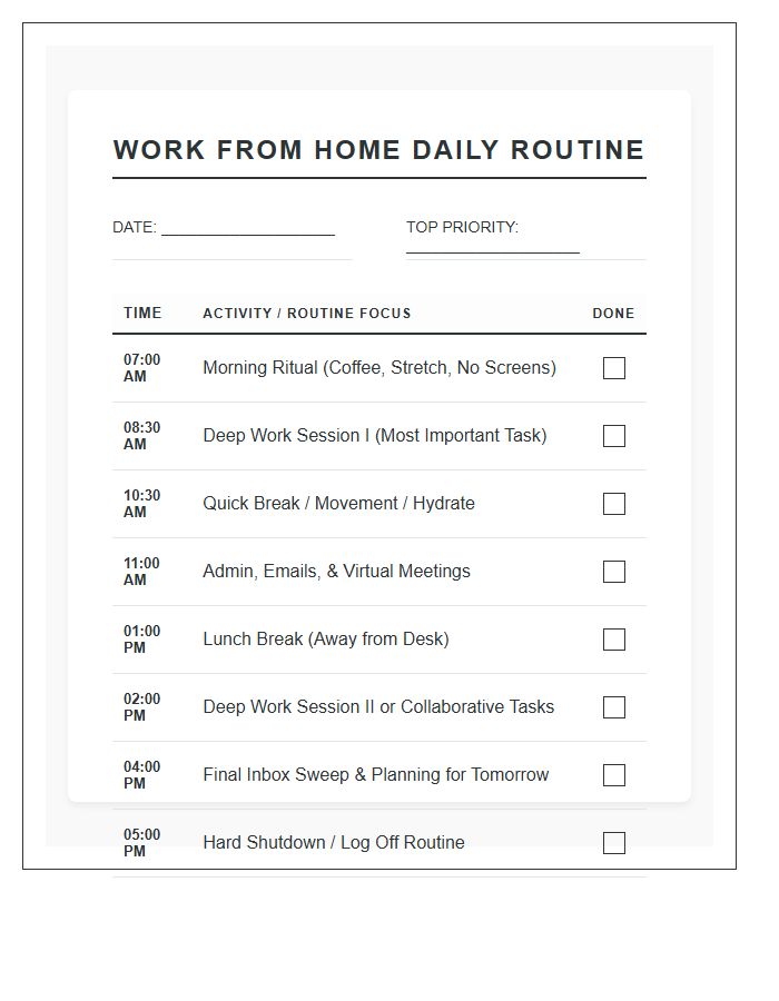 Work From Home Daily Routine Printable Chart