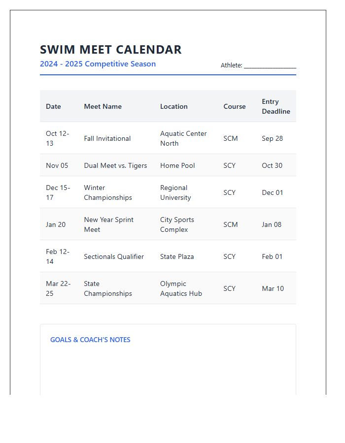 Competitive Swimming Season Meet Calendar Printable Chart
