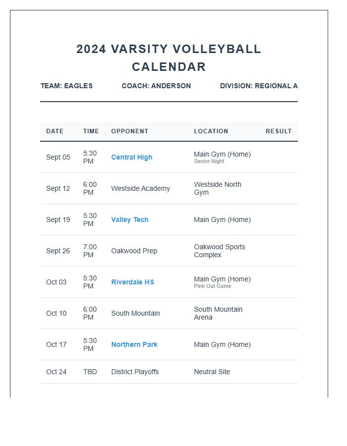 High School Volleyball Season Game Calendar Printable Chart