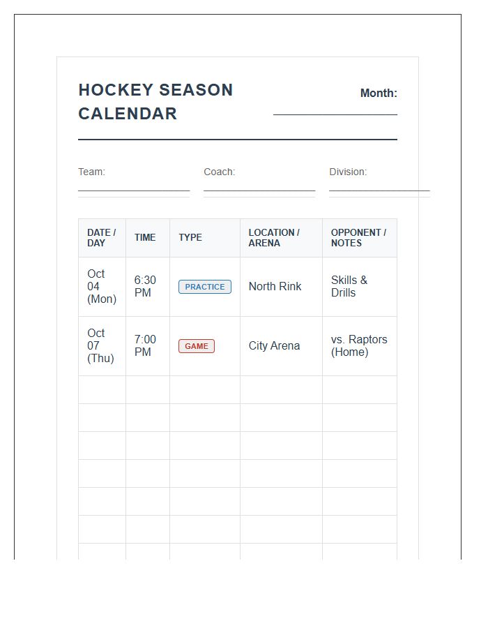 Hockey Season Practice And Game Calendar Printable Chart