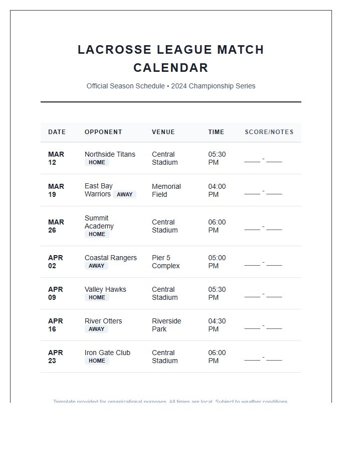 Lacrosse Season League Match Calendar Printable Chart