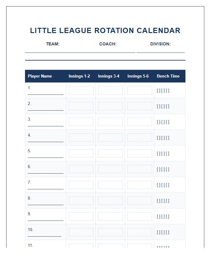 Little League Baseball Season Rotation Calendar Printable Chart