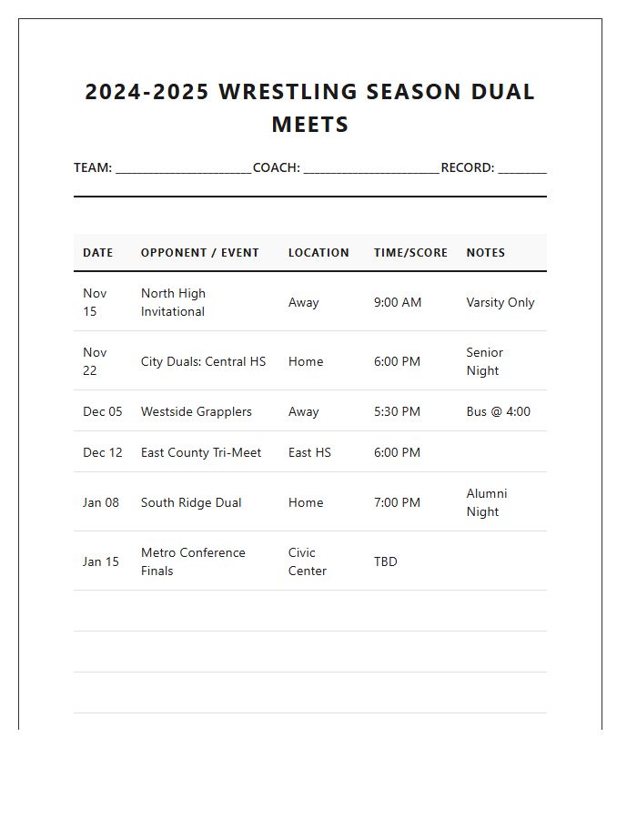 Printable Amateur Wrestling Season Dual Meet Calendar Chart