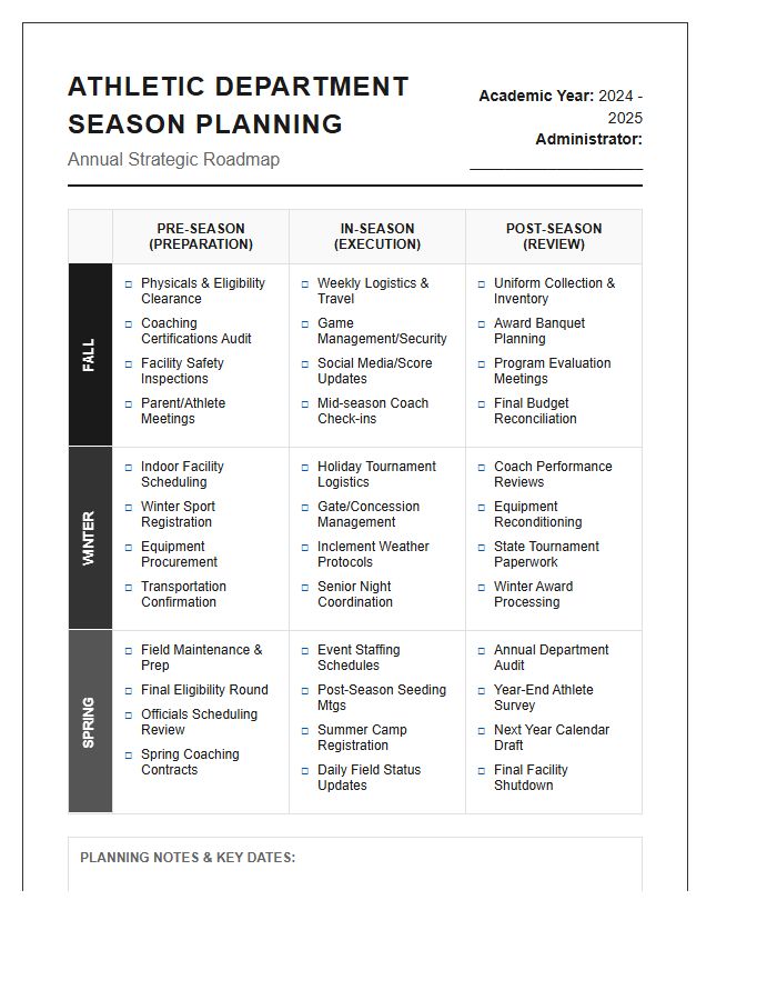 Printable Athletic Department Season Planning Calendar Chart