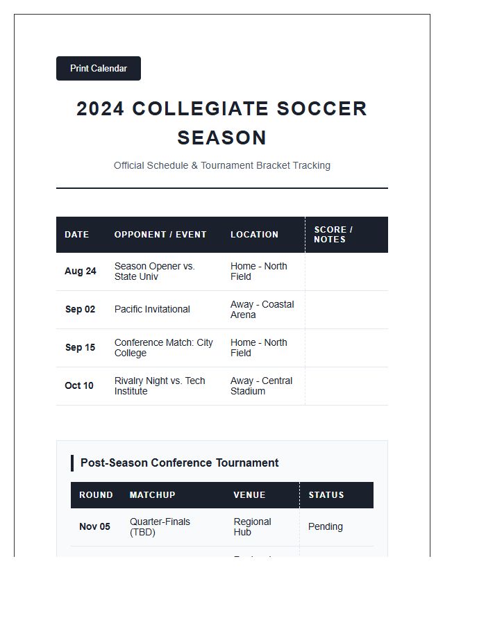 Printable Collegiate Soccer Season Tournament Calendar Chart