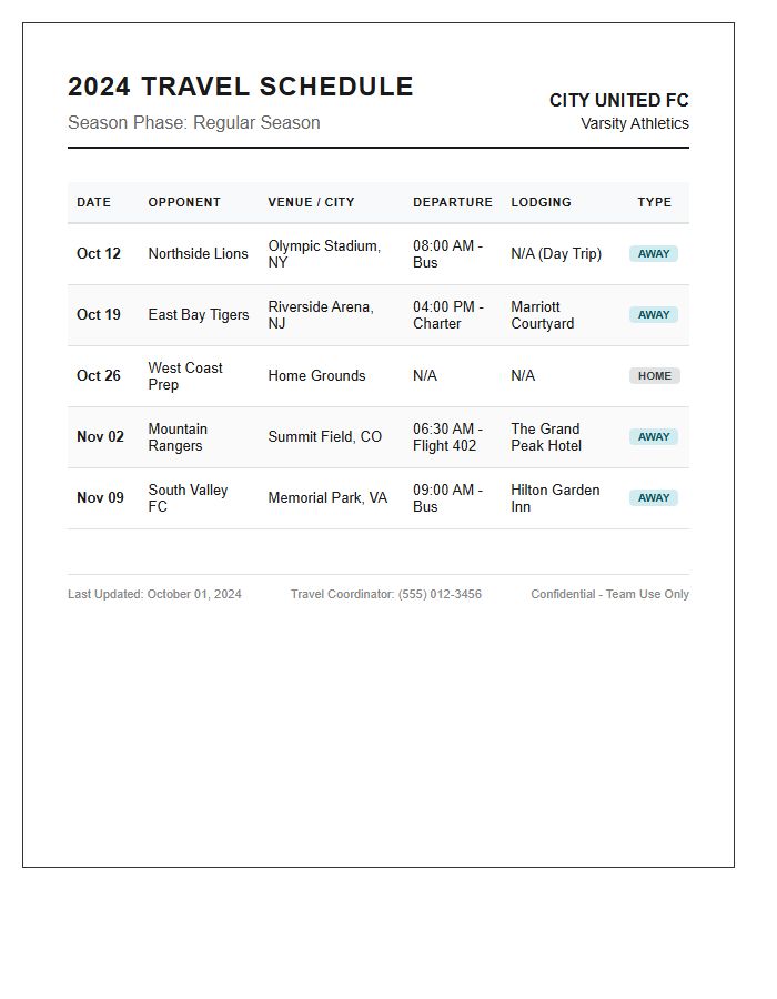 Printable Sports Team Travel Season Calendar Chart
