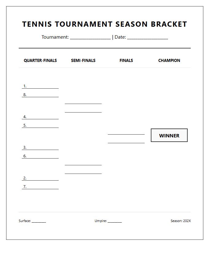 Printable Tennis Season Tournament Bracket Calendar Chart